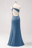 Elegant Mermaid One Shoulder Pleated Backless Bridesmaid Dress with Slit