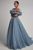 Black Off The Shoulder A Line Formal Dress With Ruffles