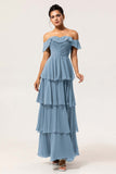 Eucalyptus A-Line Off The Shoulder Tiered Ruched Chiffon Long Bridesmaid Dress