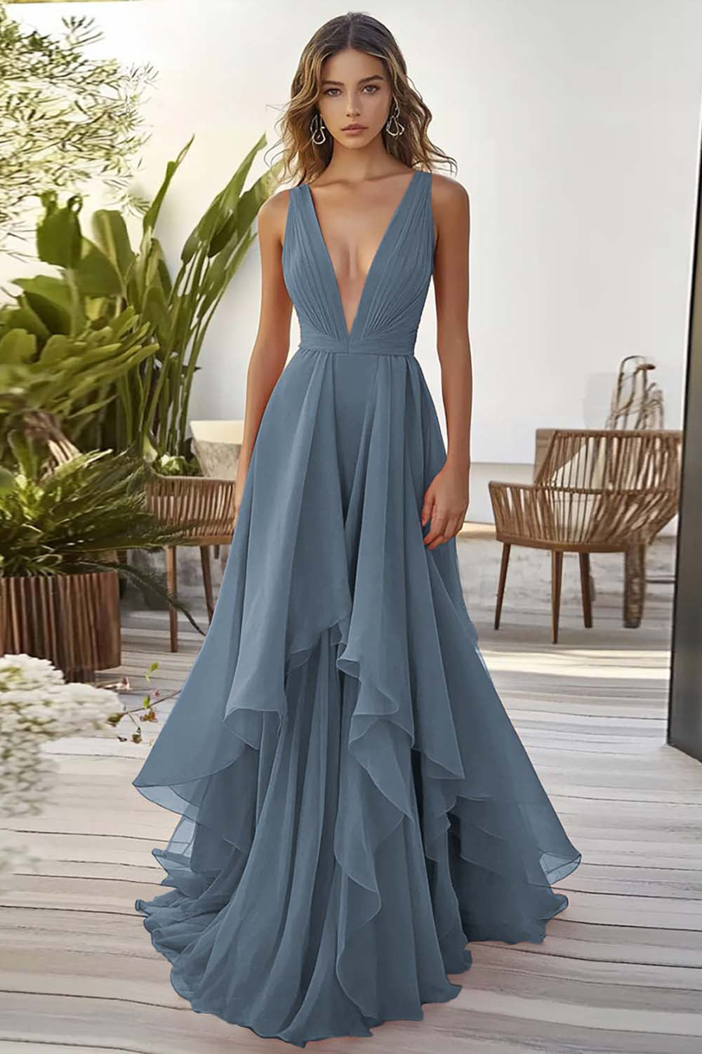 Wedtrend Women Dusty Sage Formal Dress with Ruffles V Neck A Line Long Wedding Guest Dress, Dusty Blue / US6 Wedtrend Women Dusty Sage Formal Dress with Ruffles V Neck A Line Long Wedding Guest Dress, Dusty Blue / US6