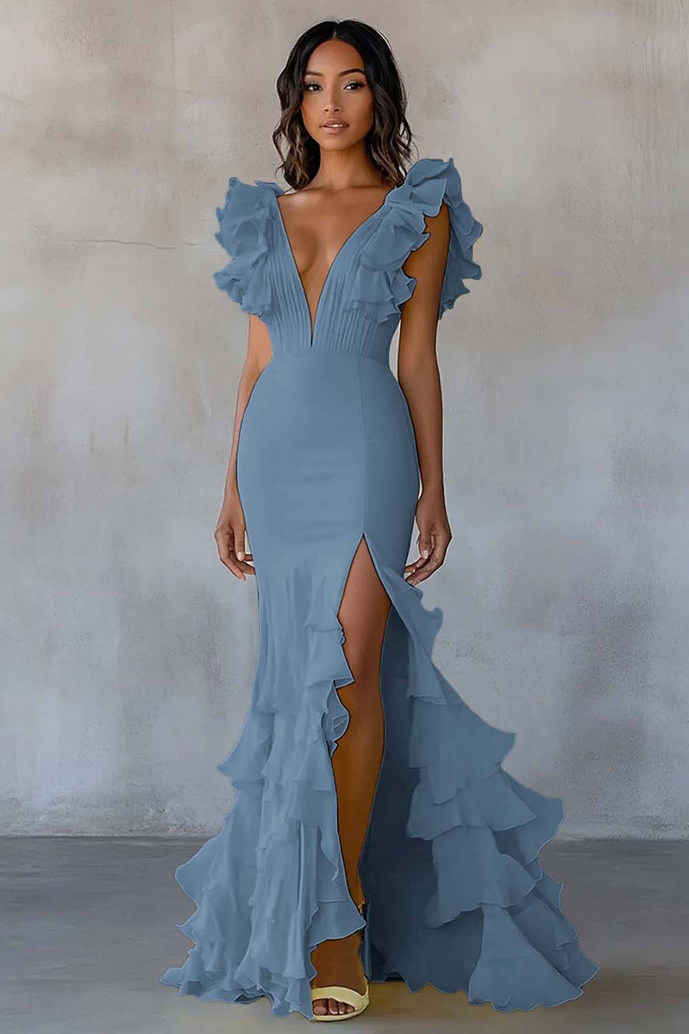 WEDTREND Women Daffodil Formal Dress With Slit Mermaid V Neck Ruffle Long Wedding Party Dress WEDTREND Women Daffodil Formal Dress With Slit Mermaid V Neck Ruffle Long Wedding Party Dress