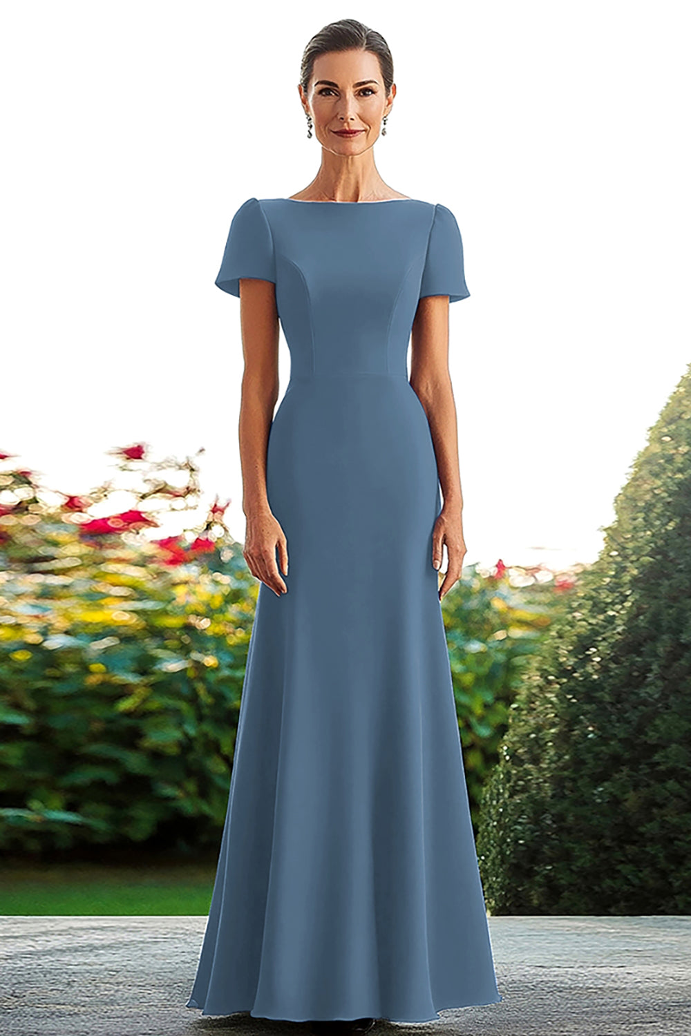 WEDTREND Women Black Mother Of The Bride Dress Bateau Neck Short Sleeve A Line Long Formal Dress, Dusty Blue / US6