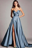 Strapless Satin A Line Long Formal Dress With Slit