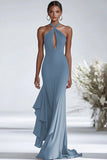 Terracotta Sheath Halter Chiffon Ruffled Gala Dress