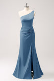 Elegant Mermaid One Shoulder Pleated Backless Bridesmaid Dress with Slit