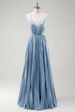 Grey Green A-Line Spaghetti Straps Pleated Long Bridesmaid Dress With Lace Up Back