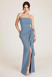 Dusty Sage Strapless Mermaid Ruched Wedding Guest Dress with Slit