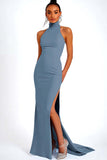 Halter Black Mermaid Long Formal Dress With Slit