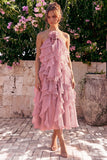 Lake Blue Halter A Line 3D Flower Wedding Guest Dress with Ruffles