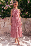Pink Halter A Line Tiered Ruffle Midi Wedding Guest Dress