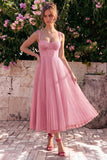 Light Blue A Line Corset Pleated Square Neck Wedding Guest Dress
