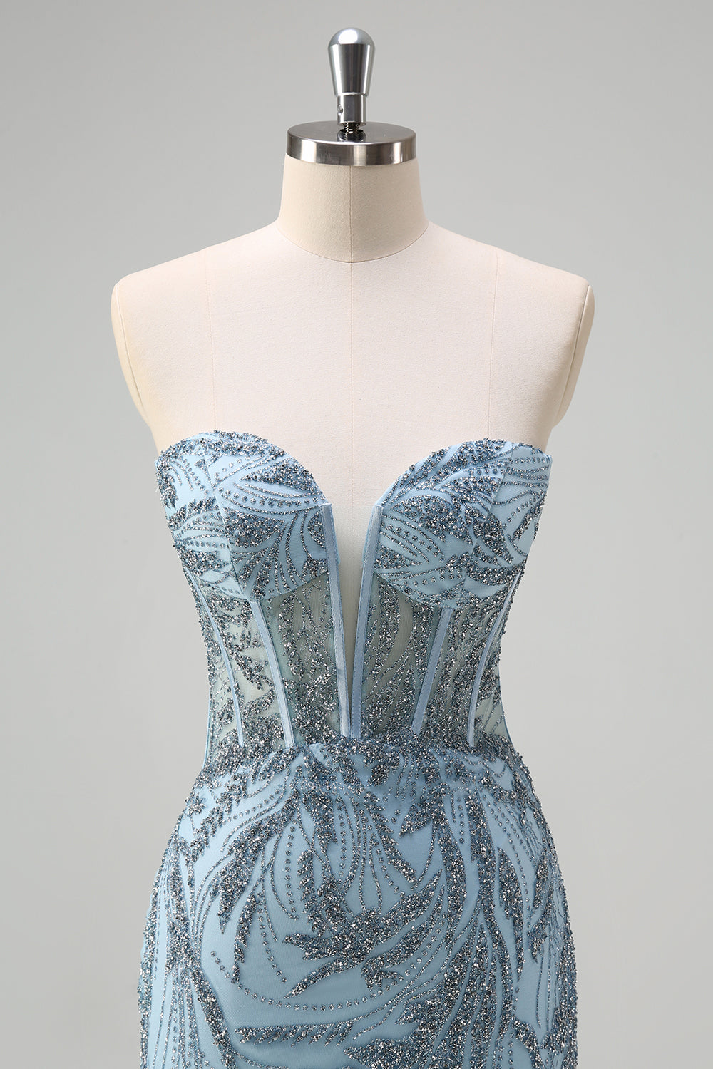 Sparkly Light Blue Mermaid Strapless Corset Long Beaded Prom Dress With Tulle Slit