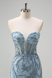 Sparkly Light Blue Mermaid Strapless Corset Long Beaded Prom Dress With Tulle Slit