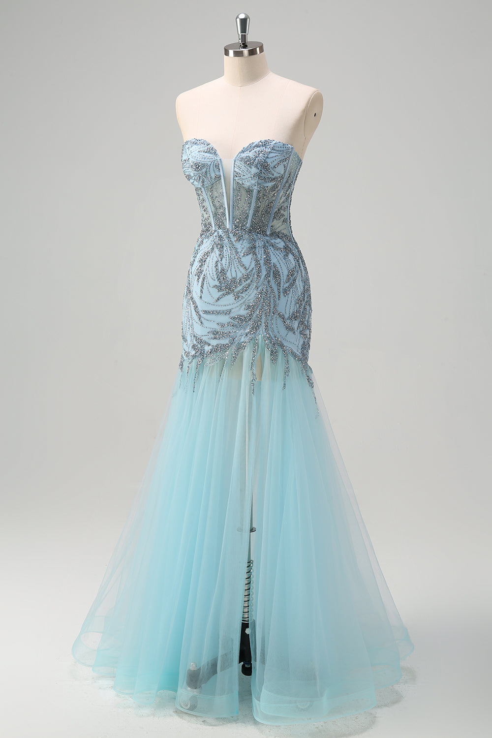 Sparkly Light Blue Mermaid Strapless Corset Long Beaded Prom Dress With Tulle Slit