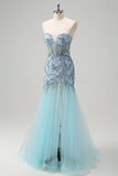 Sparkly Light Blue Mermaid Strapless Corset Long Beaded Prom Dress With Tulle Slit