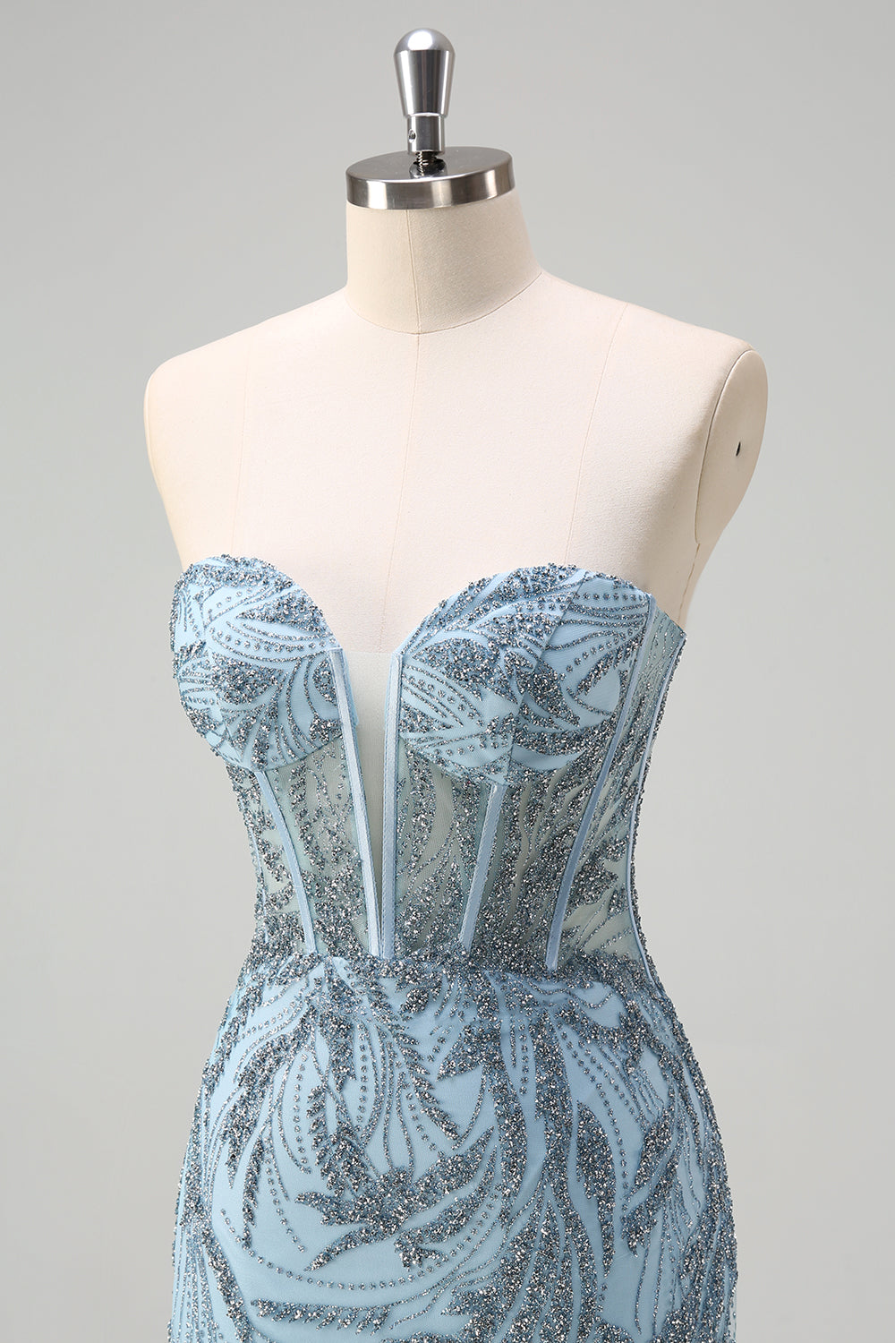 Sparkly Light Blue Mermaid Strapless Corset Long Beaded Prom Dress With Tulle Slit