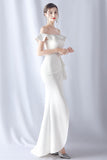 White Mermaid Off the Shoulder Long Formal Dress with Ruffles