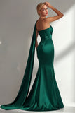 Burgundy Strapless Mermaid Satin Convertible Long Prom Dress with Streamer