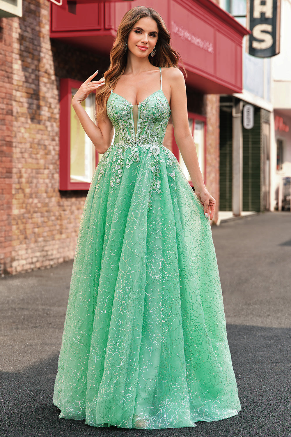 WEDTREND Women Light Green Tulle Prom Dress with Slit A Line Spaghetti Straps Corset Long Formal Dress WEDTREND Women Light Green Tulle Prom Dress with Slit A Line Spaghetti Straps Corset Long Formal Dress
