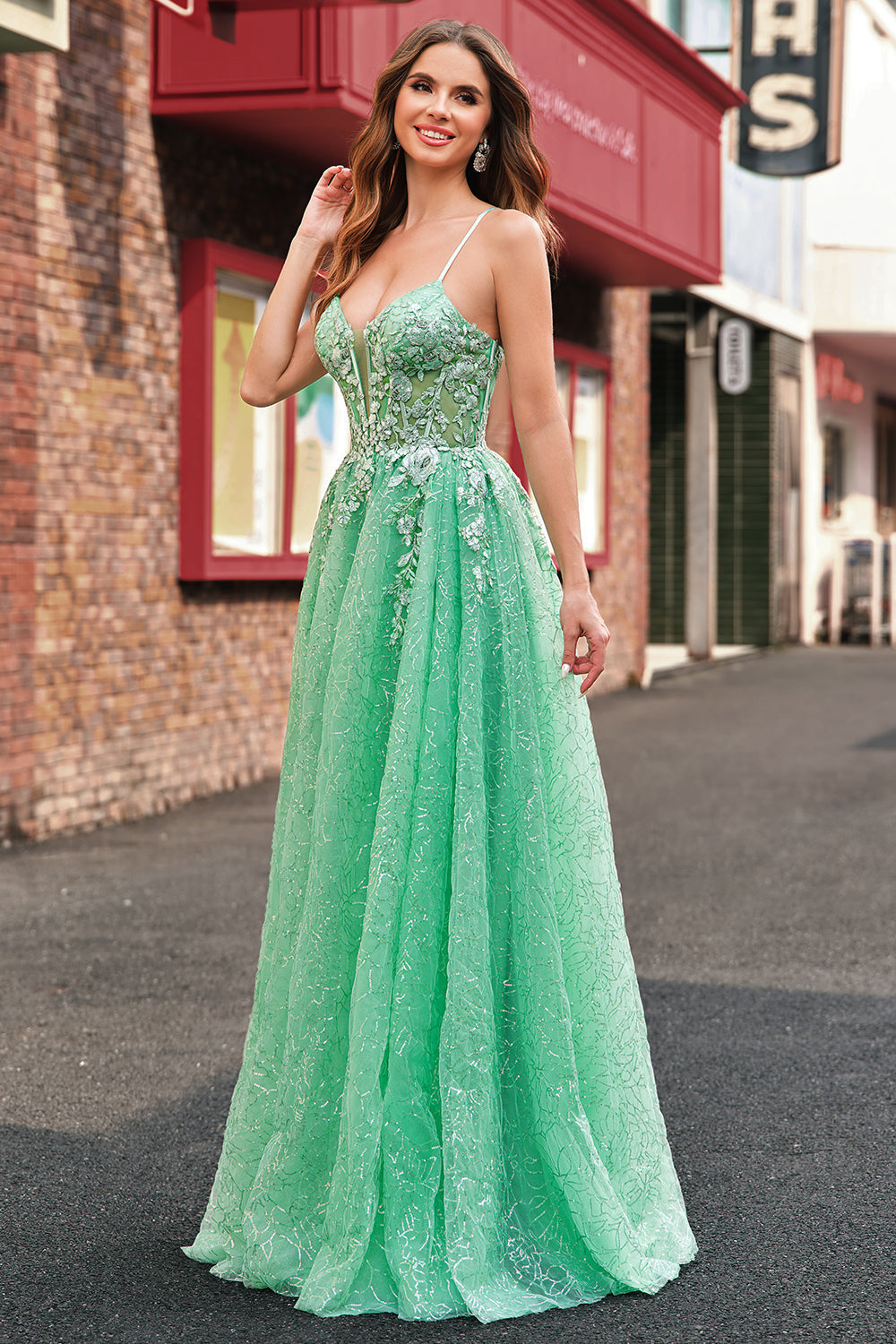 WEDTREND Women Light Green Tulle Prom Dress with Slit A Line Spaghetti Straps Corset Long Formal Dress WEDTREND Women Light Green Tulle Prom Dress with Slit A Line Spaghetti Straps Corset Long Formal Dress