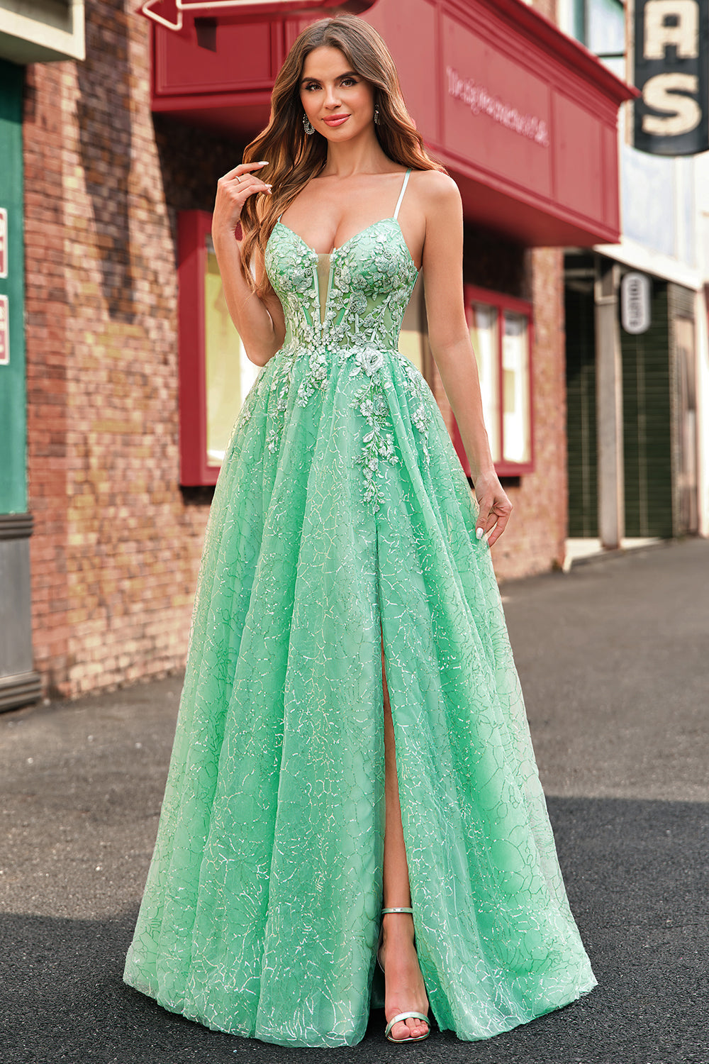 WEDTREND Women Light Green Tulle Prom Dress with Slit A Line Spaghetti Straps Corset Long Formal Dress WEDTREND Women Light Green Tulle Prom Dress with Slit A Line Spaghetti Straps Corset Long Formal Dress