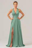 Pink A Line Deep V Neck Lace Up Back Long Satin Bridesmaid Dress with Slit