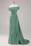 Champagne Mermaid One Shoulder Pleated Long Formal Dress with Side Streamer