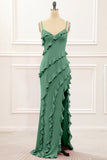 Spaghetti Straps Jade Tiered Mermaid Bridesmaid Dress With Slit