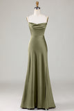 A-Line Spaghetti Straps Sleeveless Satin Maxi Bridesmaid Dress With Slit