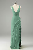 Lime A Line V Neck Floral Ruffle Open Back Bridesmaid Dress with Slit