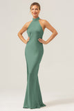 Champagne Sheath Halter Backless Long Satin Bridesmaid Dress with Slit