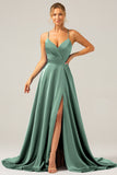 Royal Blue A Line V Neck Pleated Satin Bridesmaid Dress with Slit