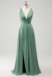 Burgundy A Line Deep V Neck Backless Long Bridesmaid Dress with Slit