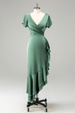 Elegant Dusty Sage A Line V Neck Short Sleeves Asymmetrical Bridesmaid Dress with Ruffles
