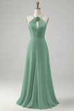 Stylish Yellow A Line Halter Pleated Long Bridesmaid Dress with Flower