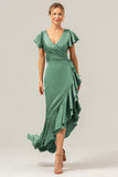 A Line V Neck Asymmetrical Olive Bridesmaid Dress with Ruffle Slit