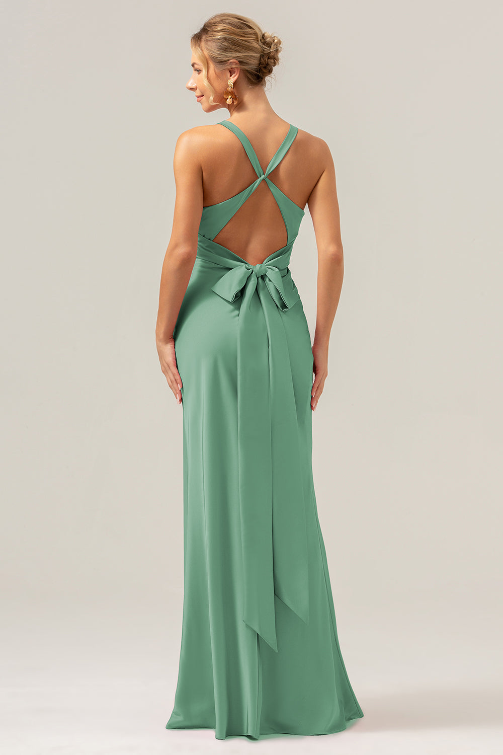 Wedtrend Women Pink Long Bridesmaid Dress with Lace Up Back Mermaid Deep V Neck Ruched Wedding Guest Dress, Eucalyptus / US8