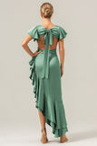 A Line V Neck Asymmetrical Olive Bridesmaid Dress with Ruffle Slit