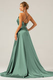 Royal Blue A Line V Neck Pleated Satin Bridesmaid Dress with Slit