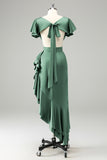 Elegant Dusty Sage A Line V Neck Short Sleeves Asymmetrical Bridesmaid Dress with Ruffles