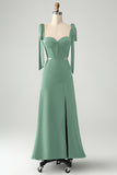 Fuchsia A Line Spaghetti Straps Floor Length Bridesmaid Dress with Slit