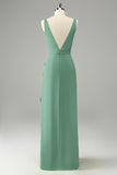 Lime Sheath V Neck Floral Open Back Bridesmaid Dress with Ruffle Slit