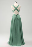 Burgundy A Line Deep V Neck Backless Long Bridesmaid Dress with Slit