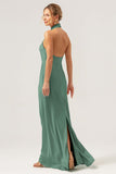 Champagne Sheath Halter Backless Long Satin Bridesmaid Dress with Slit