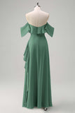 Light Green Sheath Off The Shoulder Chiffon Long Bridesmaid Dress with Ruffle Slit