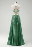 Grey Green A-Line Spaghetti Straps Pleated Long Bridesmaid Dress With Lace Up Back