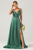 Dark Green A-Line Spaghetti Straps Pleated Satin Long Bridesmaid Dress With Slit