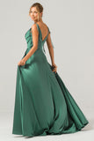 Dark Green A-Line Spaghetti Straps Pleated Satin Long Bridesmaid Dress With Slit