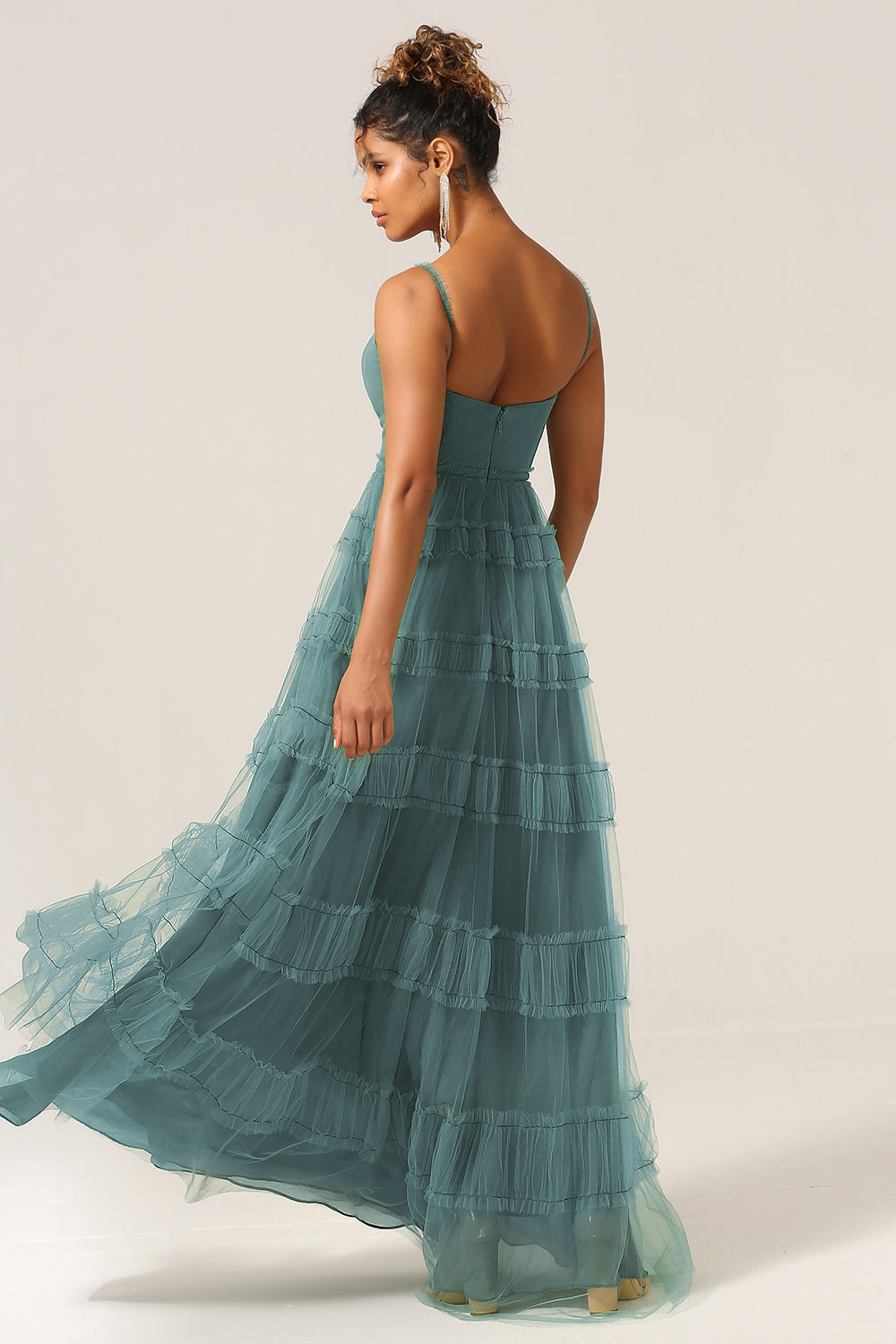 Peacock A Line Spaghetti Straps Tiered Tulle Long Bridesmaid Dress