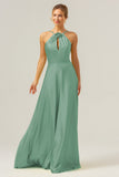 A Line Halter Ruched Satin Open Back Long Bridesmaid Dress with Flower